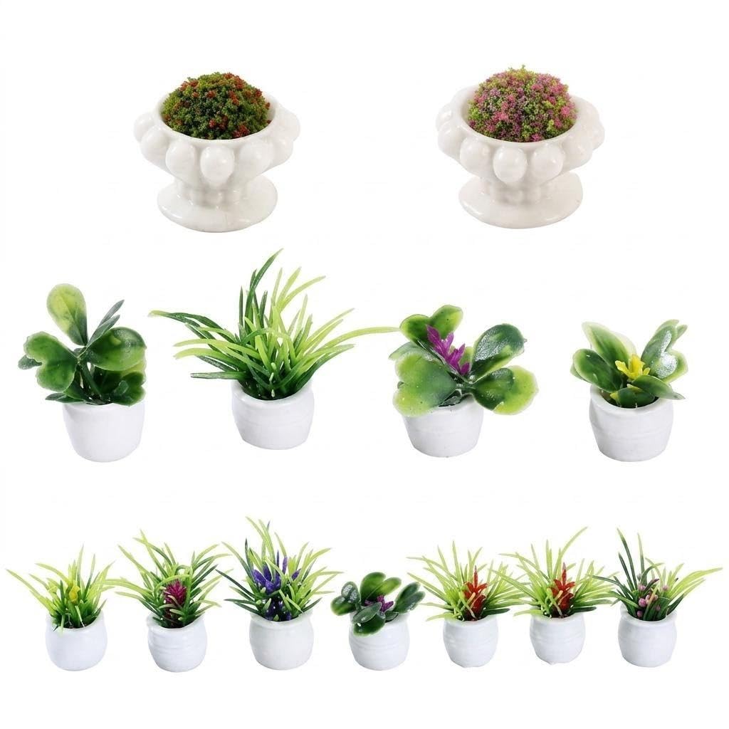 SINJAETRQ 13 Pcs Miniature Dollhouse Plants, Realistic Artificial Fake Greenery Faux Flower Set with Pots Tiny Potted Bonsai Hanging Basket Accessories for Doll House, Garden, Terrarium
