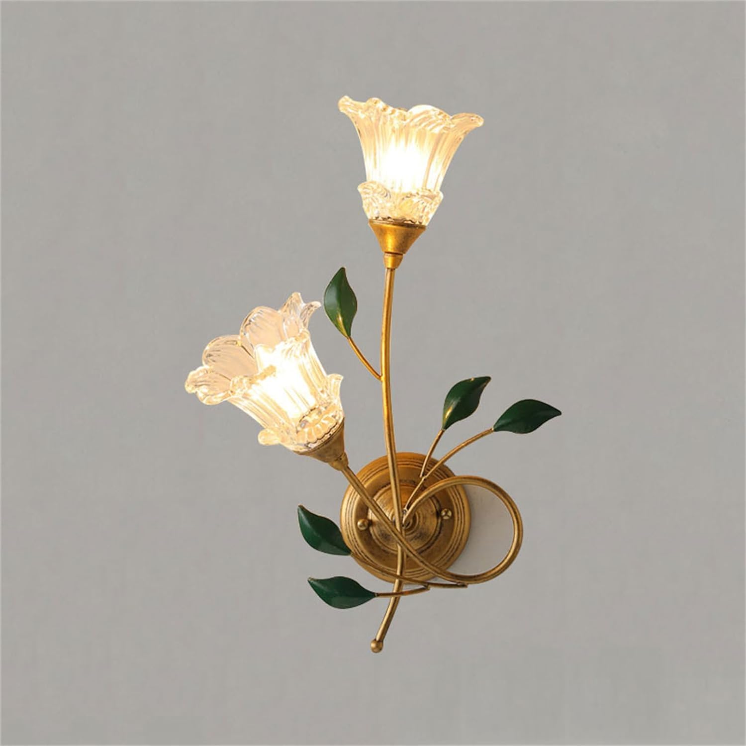 SIYGANK Glass Flower Wall Sconce 2 Light Vintage Gold Hallway Wall Light Fixtures Industrial Farmhouse Wall Mounted Antique Floral Wall Lamp for