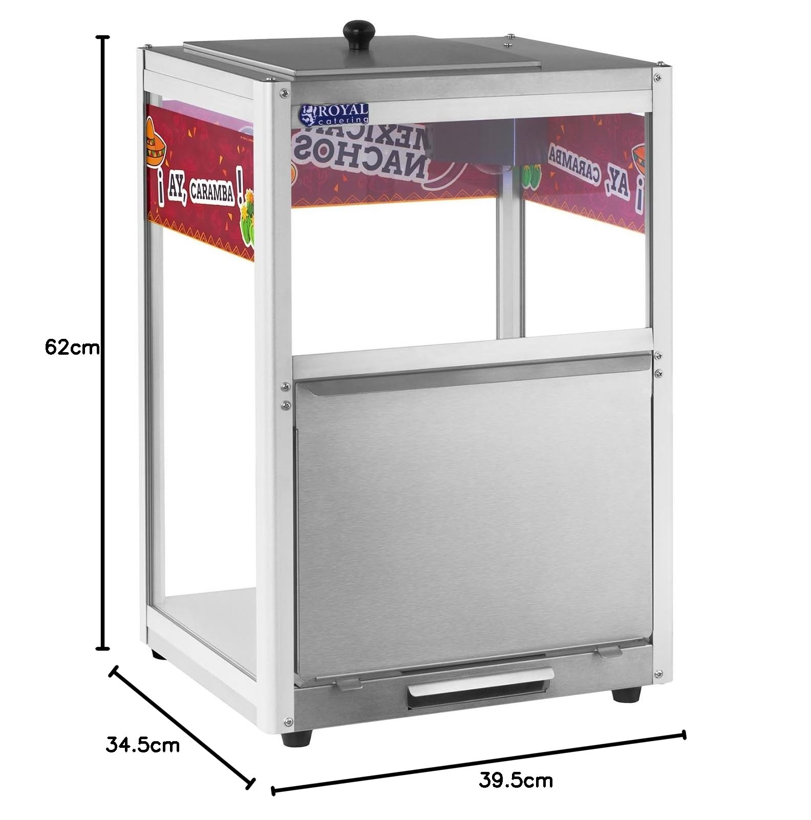 Royal Catering Máquina Nachos Nacho Calentador Vitrina Caliente para Nachos (160 W, 65 °C, Acero Inoxidable, Cristal Templado, 39,2 x 32 x 57,5 cm, Pala Incl.)