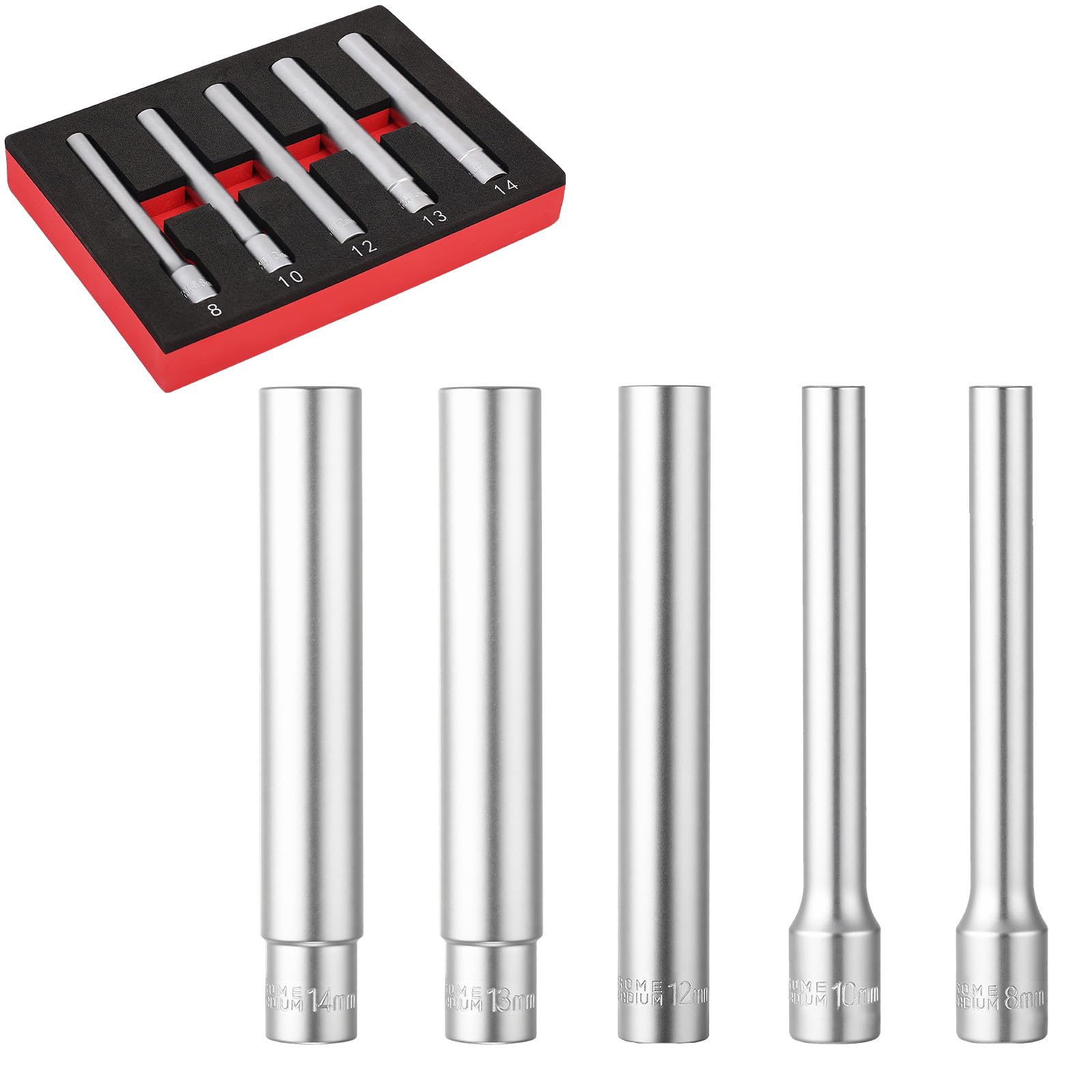 DSBYKJ 5-piece set: 8 mm, 10 mm, 12 mm, 13 mm, and 14 mm Extended Deep Hex Metric Sockets; 3/8” Extra Deep Metric Socket Set.