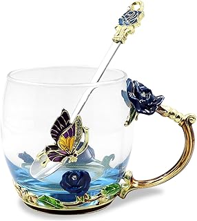 Qinhai Enamel Butterfly Flower Tea Cup Sets,Glass Coffee Mug,Mothers Day Gifts for Mum,Birthday Valentines Graduation Christmas for Women Wife Her Grandma Teacher Friend