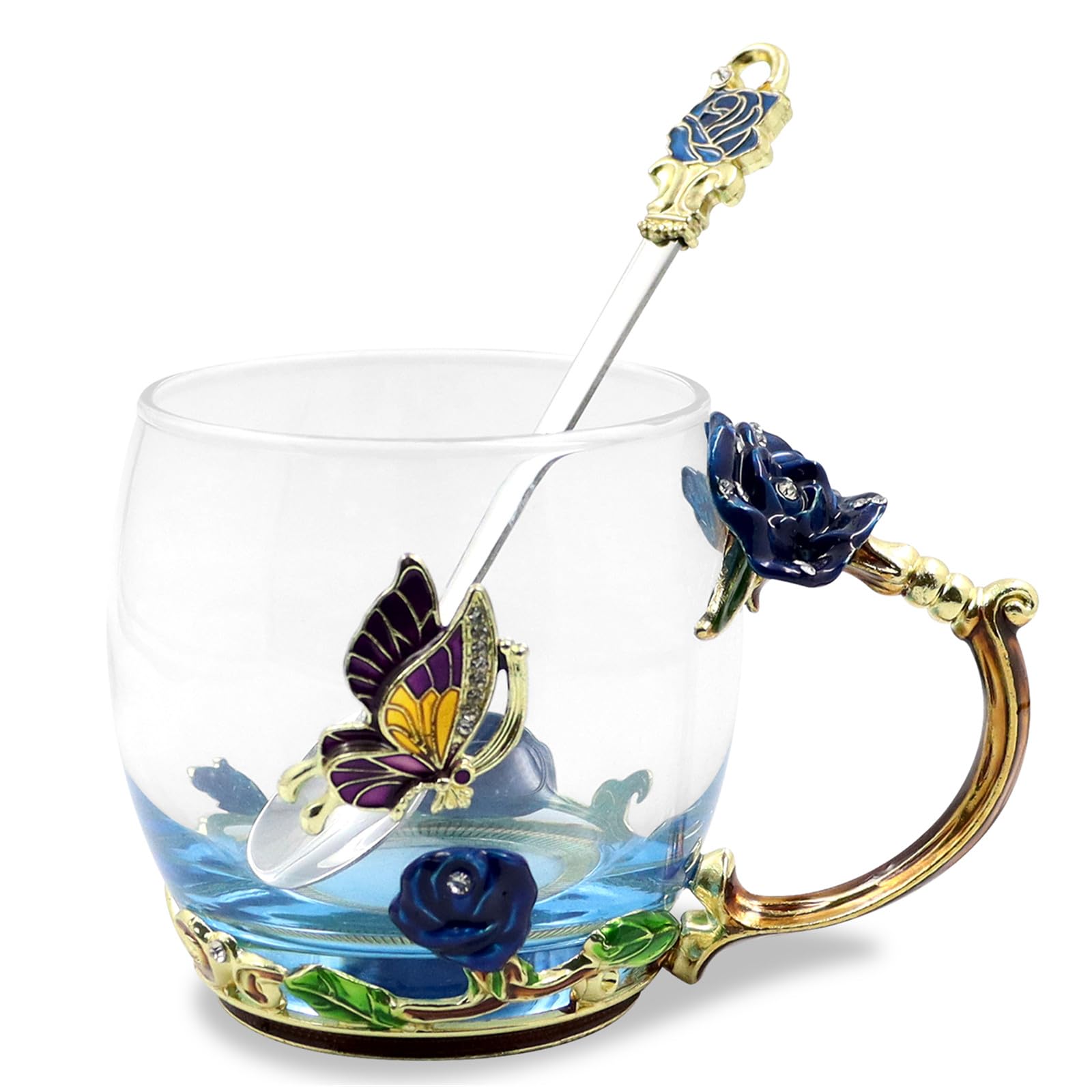 VANUODA Enamels Butterfly Flower Tea Cup, Glass Coffee Mugs with Spoon, Valentines Mothers Day Graduation Christmas Gifts for Women Wife Mom Her Grandma Girls Teacher Friends, Birthday Present Idea