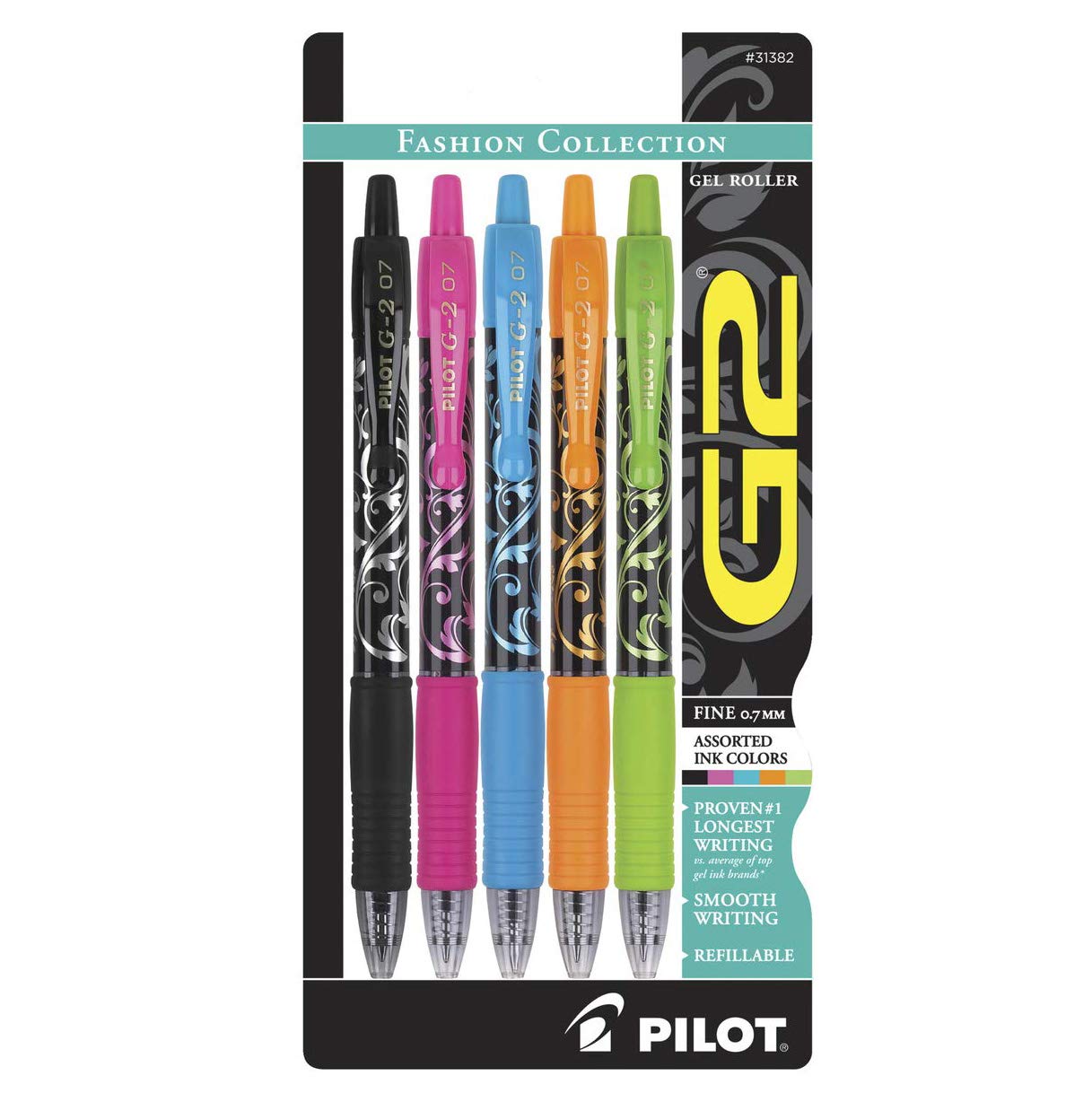 PilotG2 Fashion Collection Colors Gel Roller Pens Fine Point Assorted Color Inks/Grips 5-Pack (31382) Retractable, Refillable & Premium Comfort Grip; Smooth Lines to the End of Page