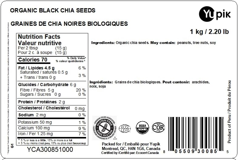 Yupik Organic Black Chia Seeds, 1 kg, Gluten-Free, GMO-Free, Kosher, Vegan, Raw Plant-Based Superfood, Rich in Fiber, Source of Omega-3, Perfect for Smoothies, Salads & Chia Pudding, Gels Easily