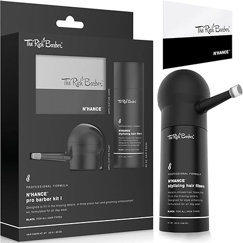The Rich Barber NHance - Juego 3 en 1 de fibras para el cabello fibras engrosadas ocultas naturales espray de larga duración con accesorio para