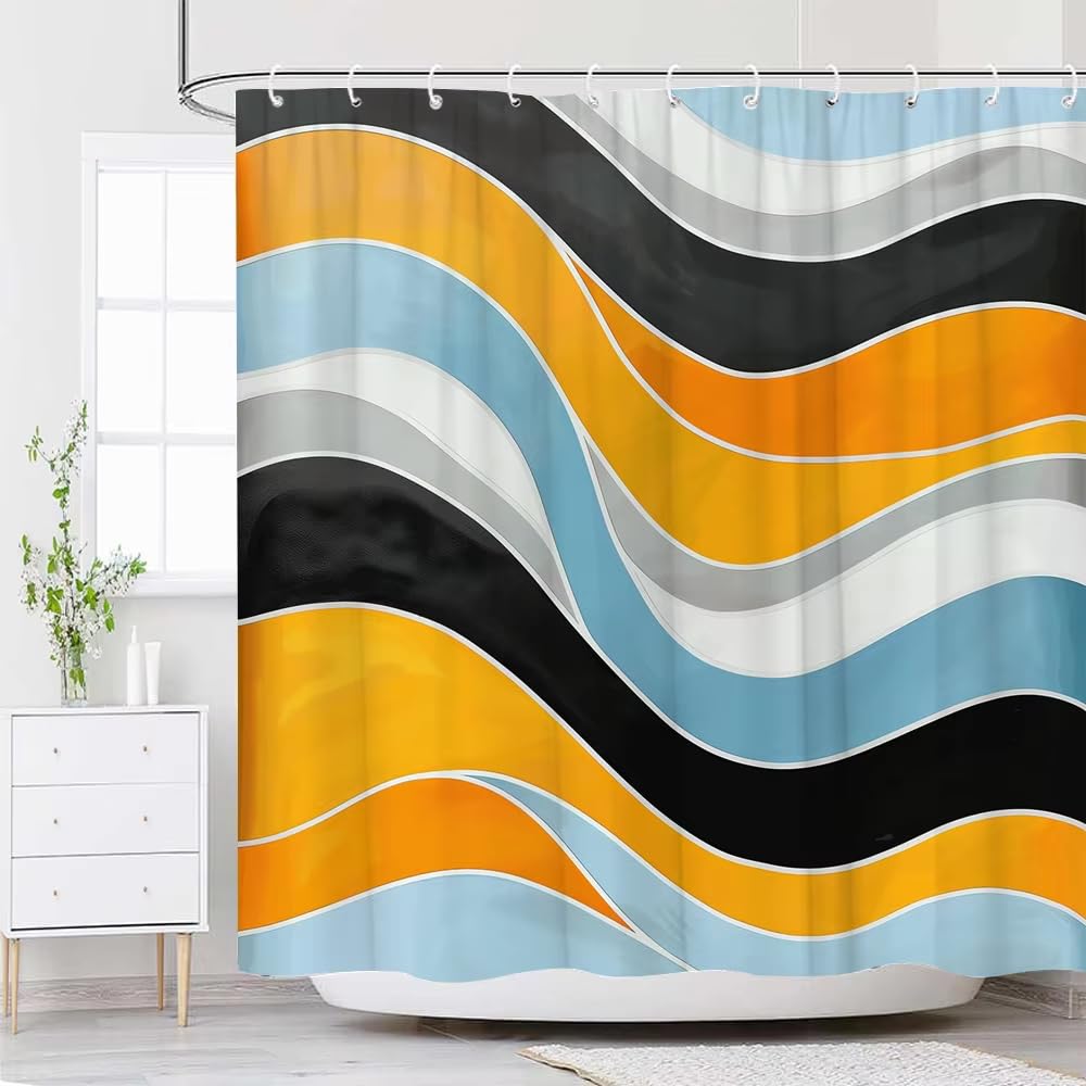 Rideau de douche abstrait vagues orange et bleu ciel en polyester 100x180 cm pour salle de bain