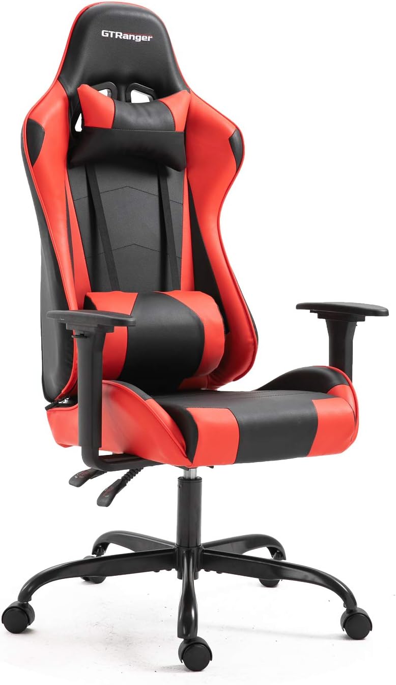 Gaming Chair Racing Style High Back Computer Gaming Chair Adjustable Recliner Leather Office Desk Chair with Headrest and Lumbar Support (Red & Black)