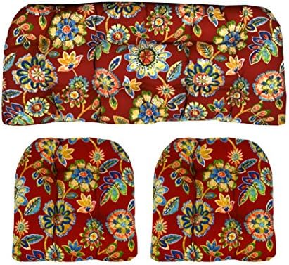 RSH DECOR Indoor Outdoor 3 Piece Tufted Wicker Cushion Set, Two U-Shape and Loveseat Daelyn Cherry Red with Blue Yellow, Green Floral