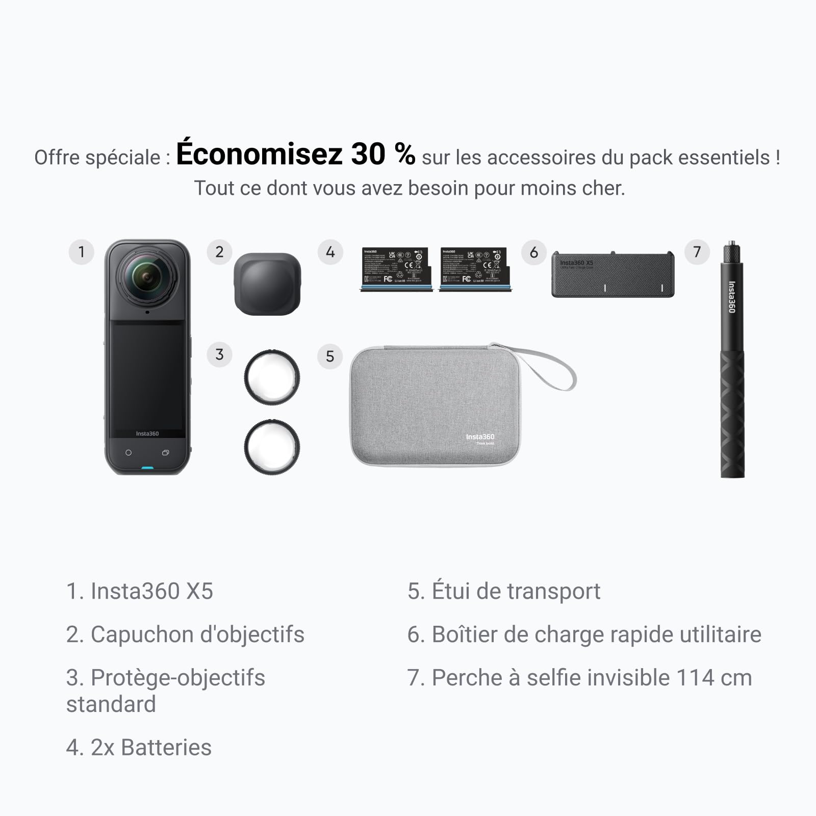 Insta360 X5 Pack Essentiels - Caméra 360 8K, Perche à Selfie Invisible, qualité Premium Jour et Nuit, objectifs Robustes & remplaçables, Appareil Photo vidéo étanche, dashcam, pour vlog, Moto