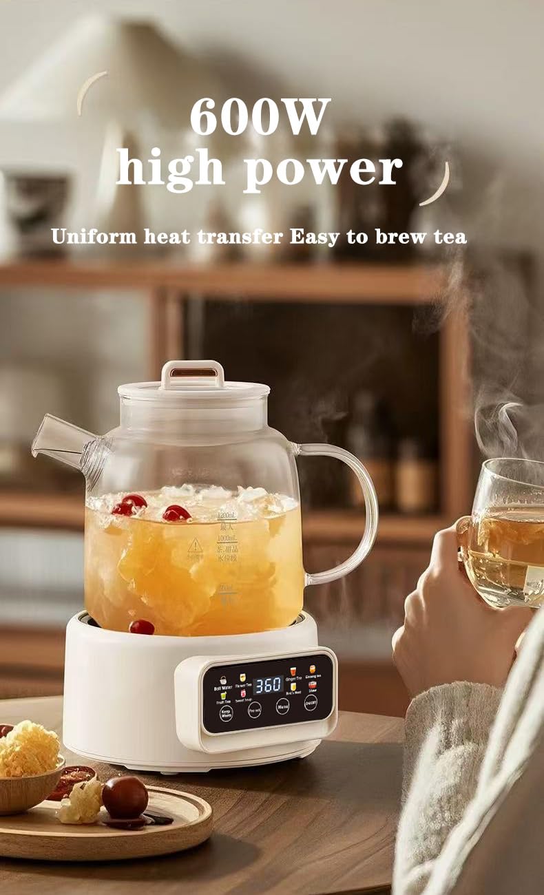 Théière Électrique Multifonction 1200ml, 8 Modes de Préparation, Base Chauffante avec Écran Digital, Carafe en Verre, Blanc