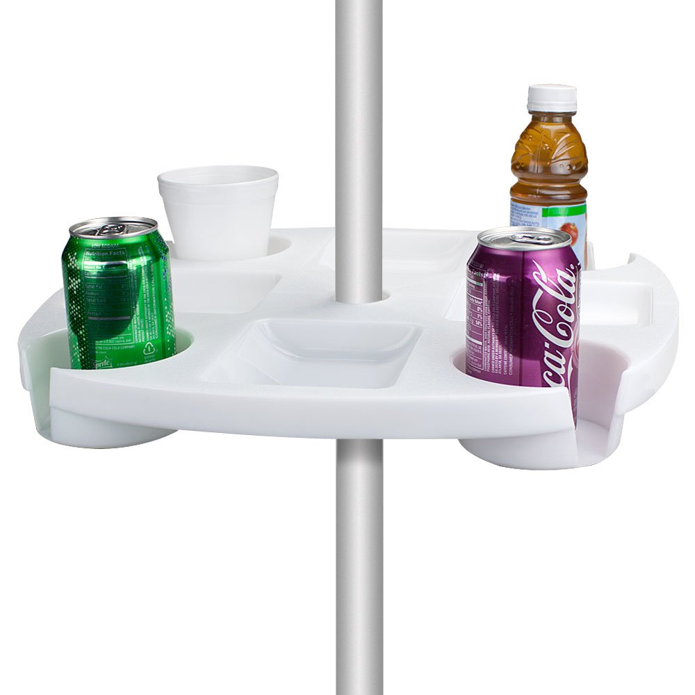 Cup Holder Beach Umbrella Tray - Plastic Patio Table & Pool Accessories - Holds 4 Drinks, Snacks, Sunglasses, Keys, Sunscreen, & Electronics