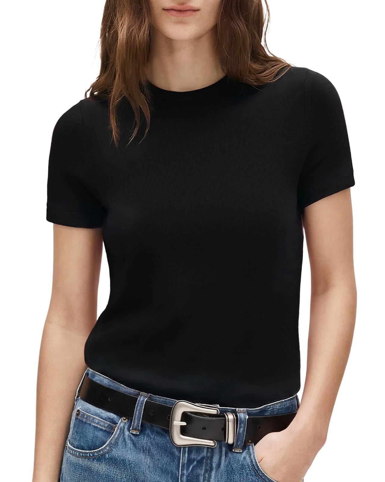 SUUKSESS Women Silk Cashmere Blend Crew Neck Short Sleeve Sweaters Casual Blouse