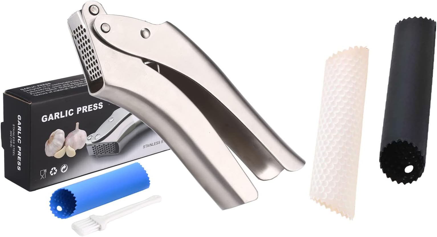 Maxracyfor Garlic Kit - 2 Set Silicone Garlic Peeler Tube Roller +304 Stainless Steel Garlic Press