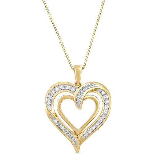 Jewelili Heart Pendant Necklace for Women | Fine Jewelry with Natural White Round & Baguette Diamonds 1/4 or 1/2 CTW | Sterling Silver or Yellow / Rose Gold Plated | 18" Box Chain | Birthday Gift for Her