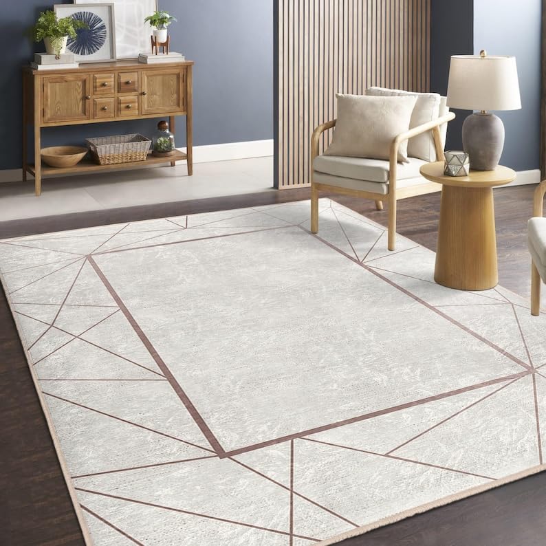 Tapis de salon moderne géométrique beige de 60x200cm lavable - 3