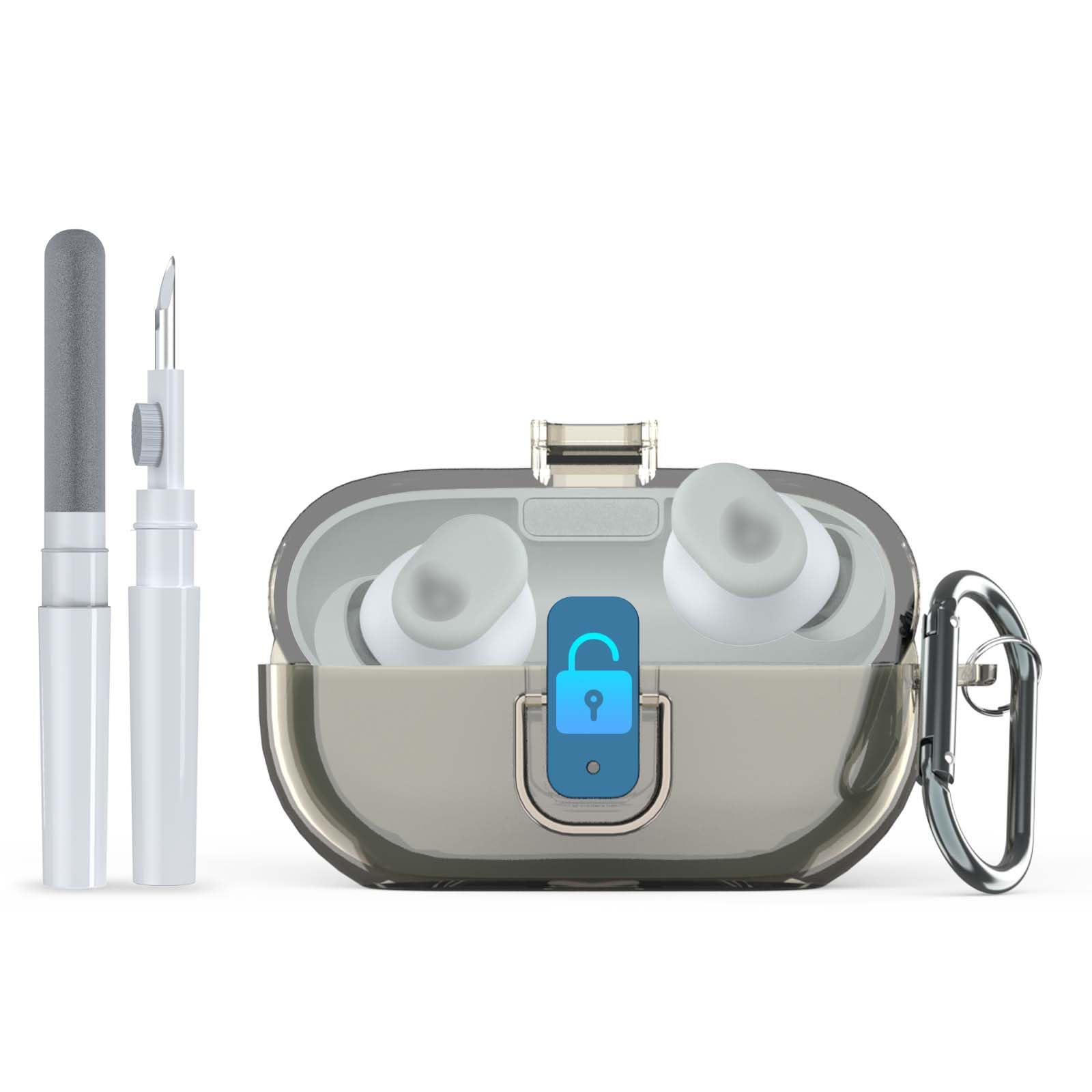 Photo 1 of [Upgrade Secure Lock] for Beats Solo Buds 2024 Case Cover with Cleaner Kit, AGENTNANO Clear TPU Shockproof Protective Cover Compatible with Beats Solo Buds Charging Case with Carabiner-Clear Grey