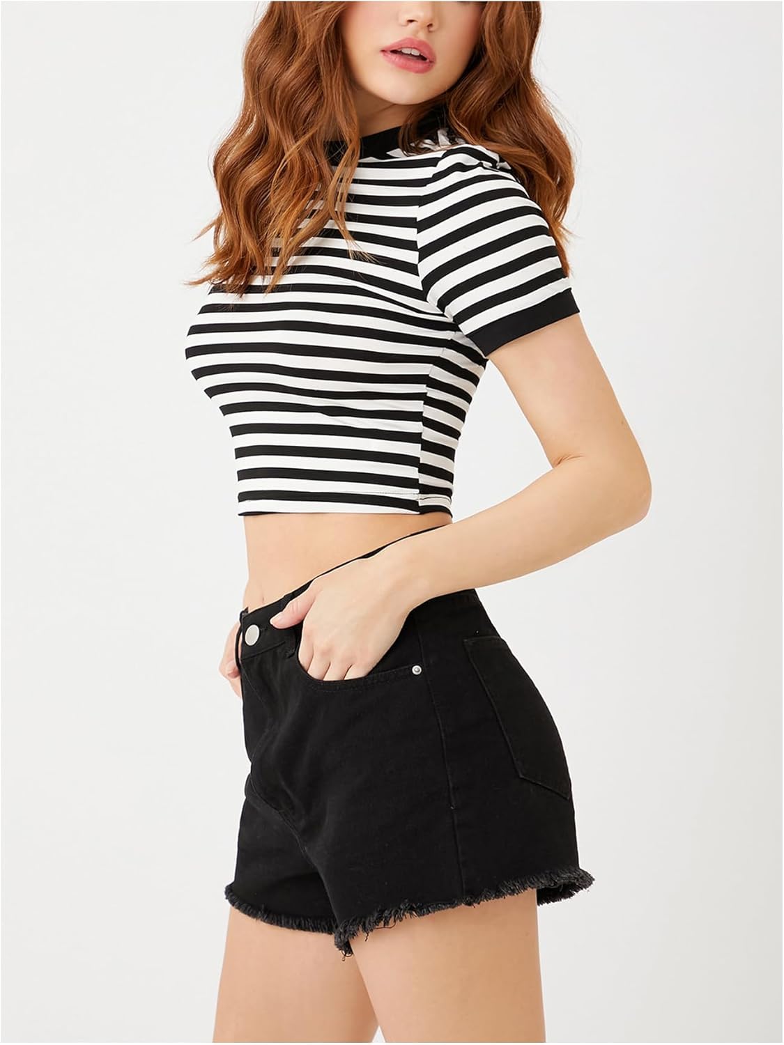 MakeMeChic Women's Crop Tops Striped Short Sleeve Fitted Crew Neck Summer Tee Shirt - Image 5