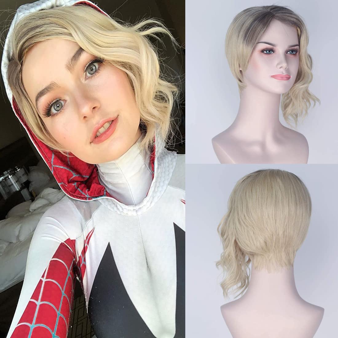 Muzinuo Ombre Blonde Color Short Cosplay Wigs for Halloween Short Bob Synthetic Wig with Dark Roots Full Machine Made Costume Wigs