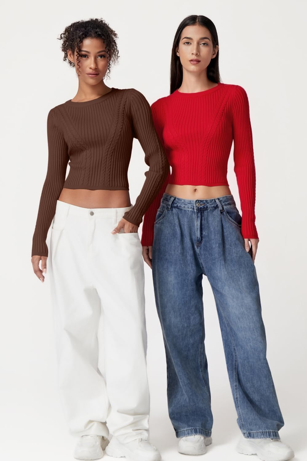 QINSEN Womens Cable Knit Crewneck Sweaters Ribbed Hem Slim Fit Long Sleeve Pullover Crop Tops - Image 6