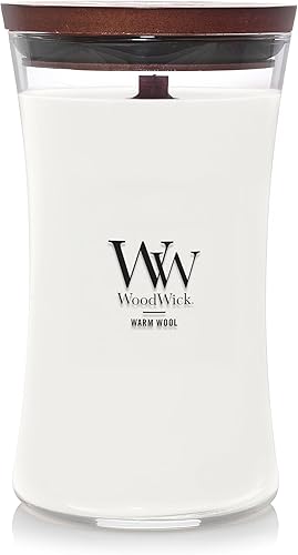 WoodWick - Vela grande en frasco con forma de reloj de arena, aroma Warm Wool, 21.5onzas, vela de otoño, mezcla de cera de soja con mecha crepitante