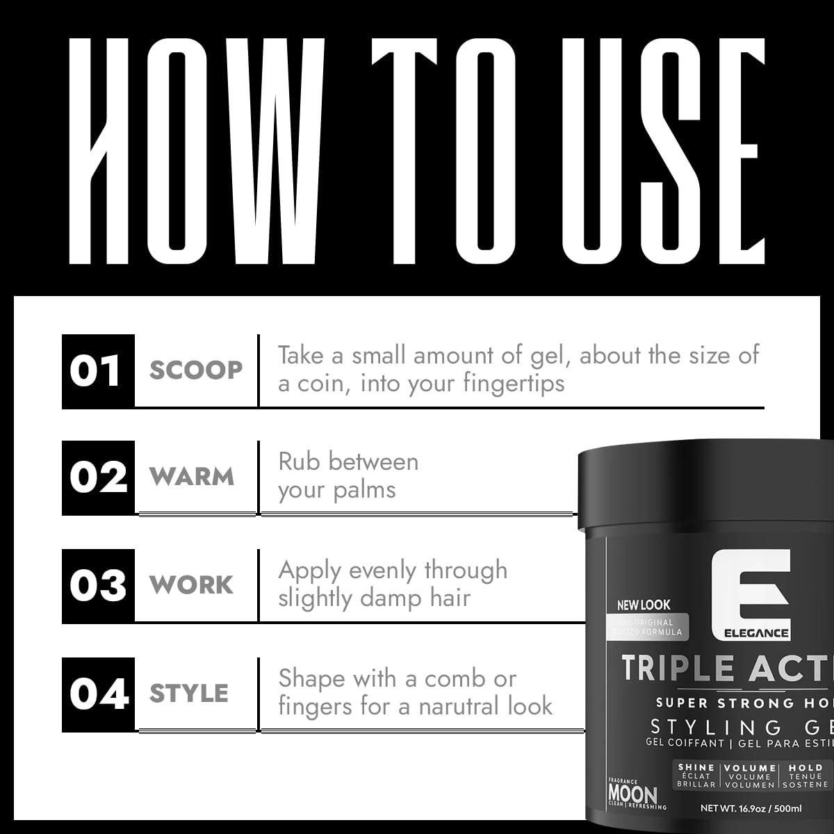 E Elegance Earth Fragance Triple Action Hair Gel - Super Strong Hold, Extreme Volume, Long Lasting Shine - Flake Free, Refresshing Fragrance - Todos los tipos de cabello, 16.9 oz