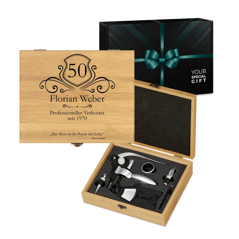 Maverton Weinöffner-Set personalisiert Weinset Sommelier Set - Geschenkbox Holzbox + 6er Weinzubehörset - aus Bambus - Braun - Geschenk zum Geburtstag für Männer - Professioneller Verkoster