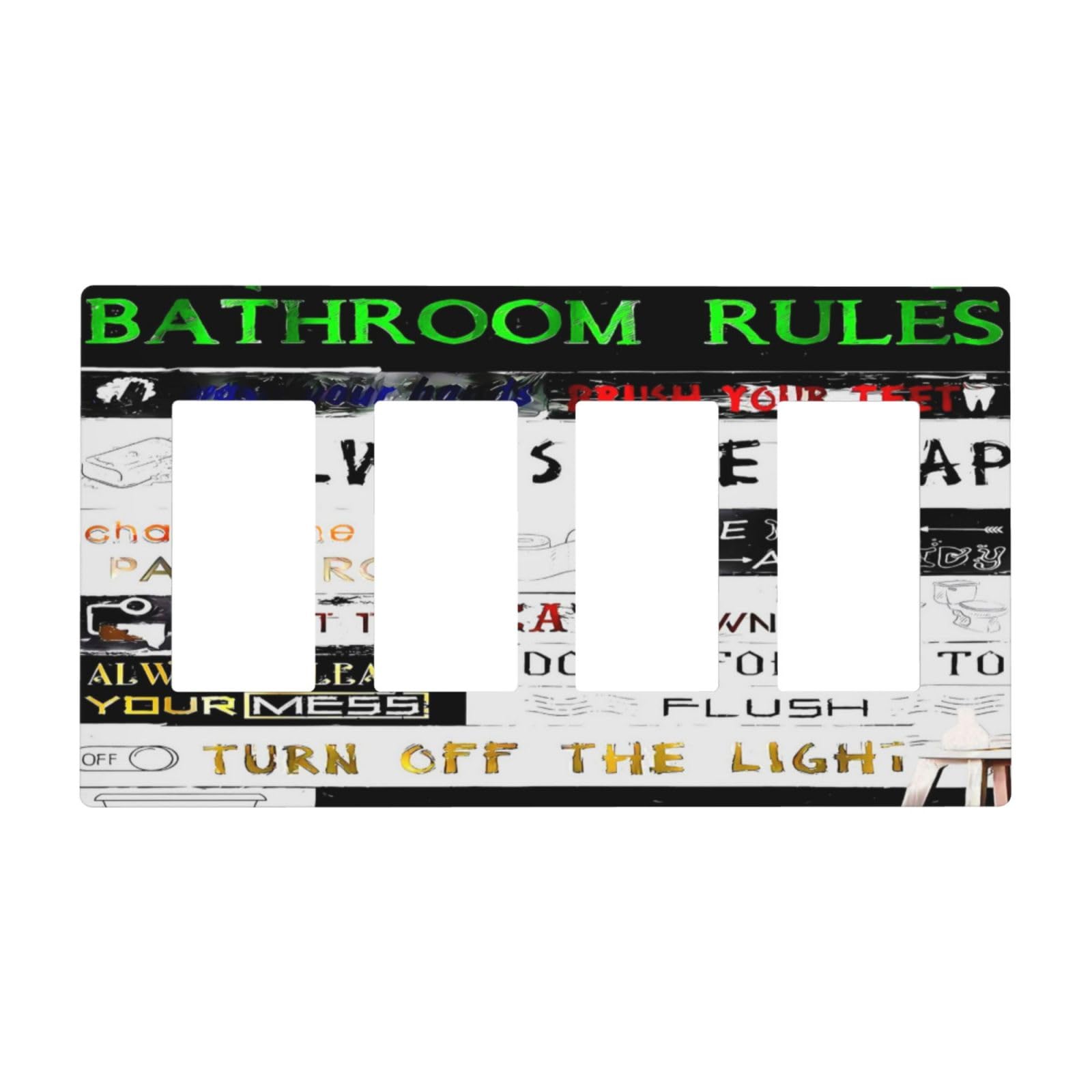 Funny Home Bathroom Toilet Rule 4 Gang Quad Rocker/GFCI/Decorator Light Switch Cover Plate Decorative Electric Quadruple Faceplate Switchplate Screwless