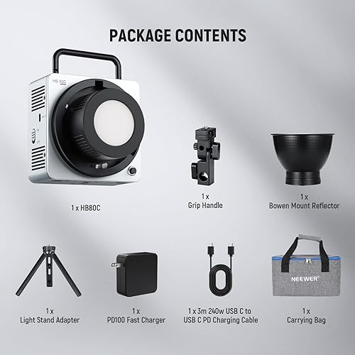 Miniatura 42 de NEEWER HB80C RGBWW - Luz de video LED con batería integrada de 72 Wh y carga rápida PD de 100 W, iluminación de salida continua COB Mini RGB de 80