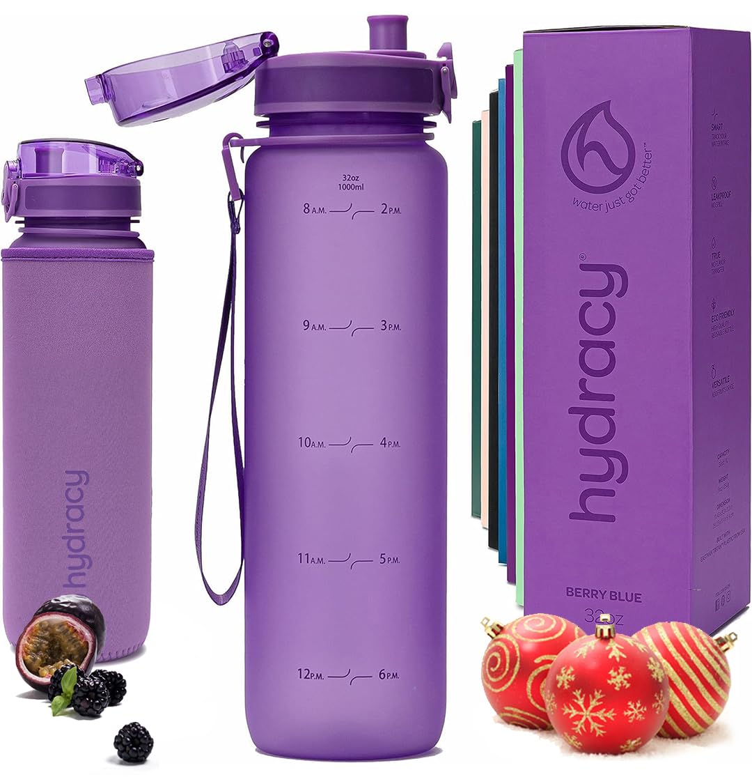Hydracy Water Bottle with Time Marker - Large 1 Liter 32 Oz BPA Free Water Bottle -Leak Proof & No Sweat Gym Bottle with Fruit Infuser Strainer -Ideal Gift for Fitness or Sports & Outdoors -Berry Blue