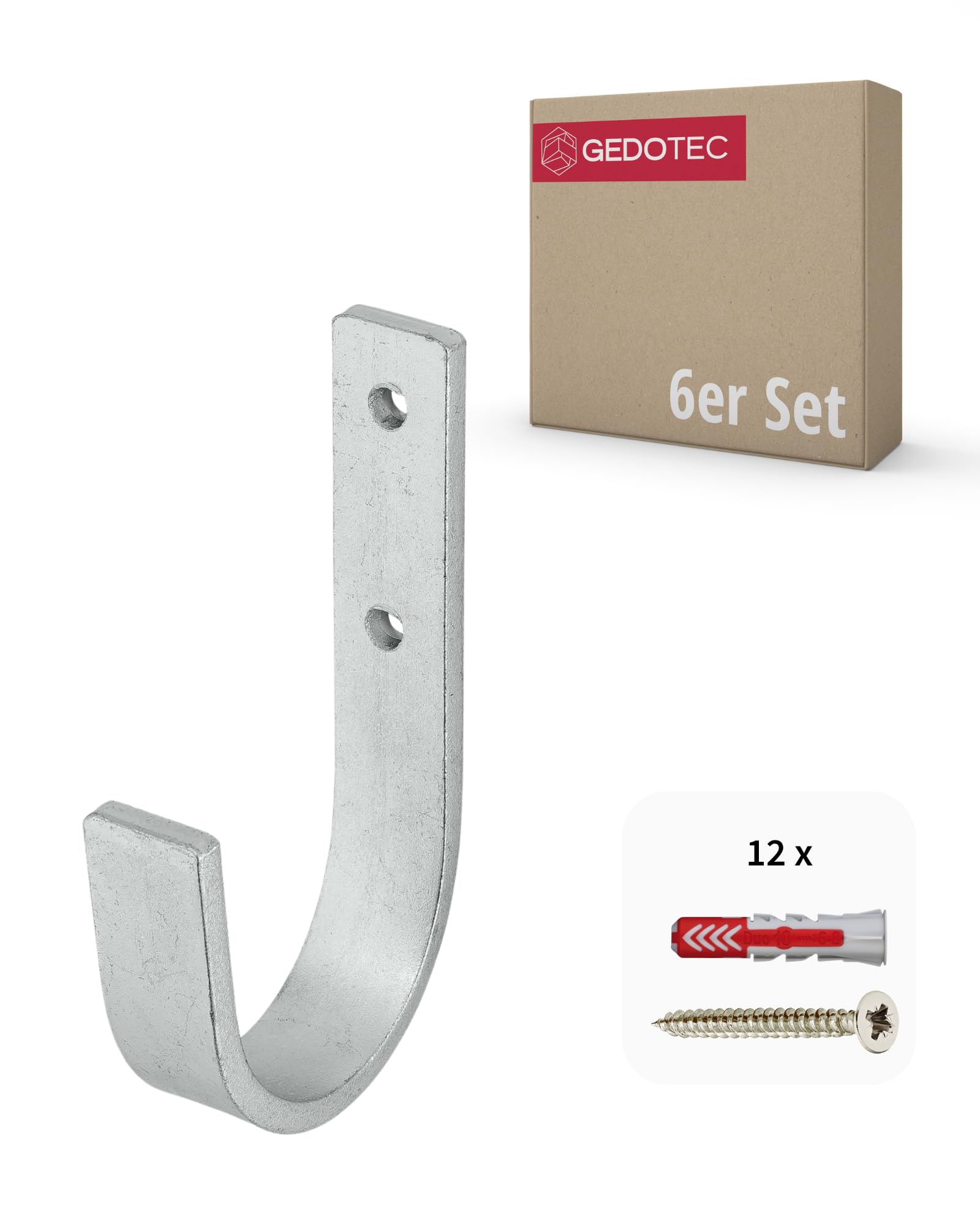Gedotec Silver Wall Bracket - Galvanized Steel | 6 Pieces Ladder Hooks Curved 30 X 90 Mm | Incl. Fastening Material | Wall Hooks For Screwing