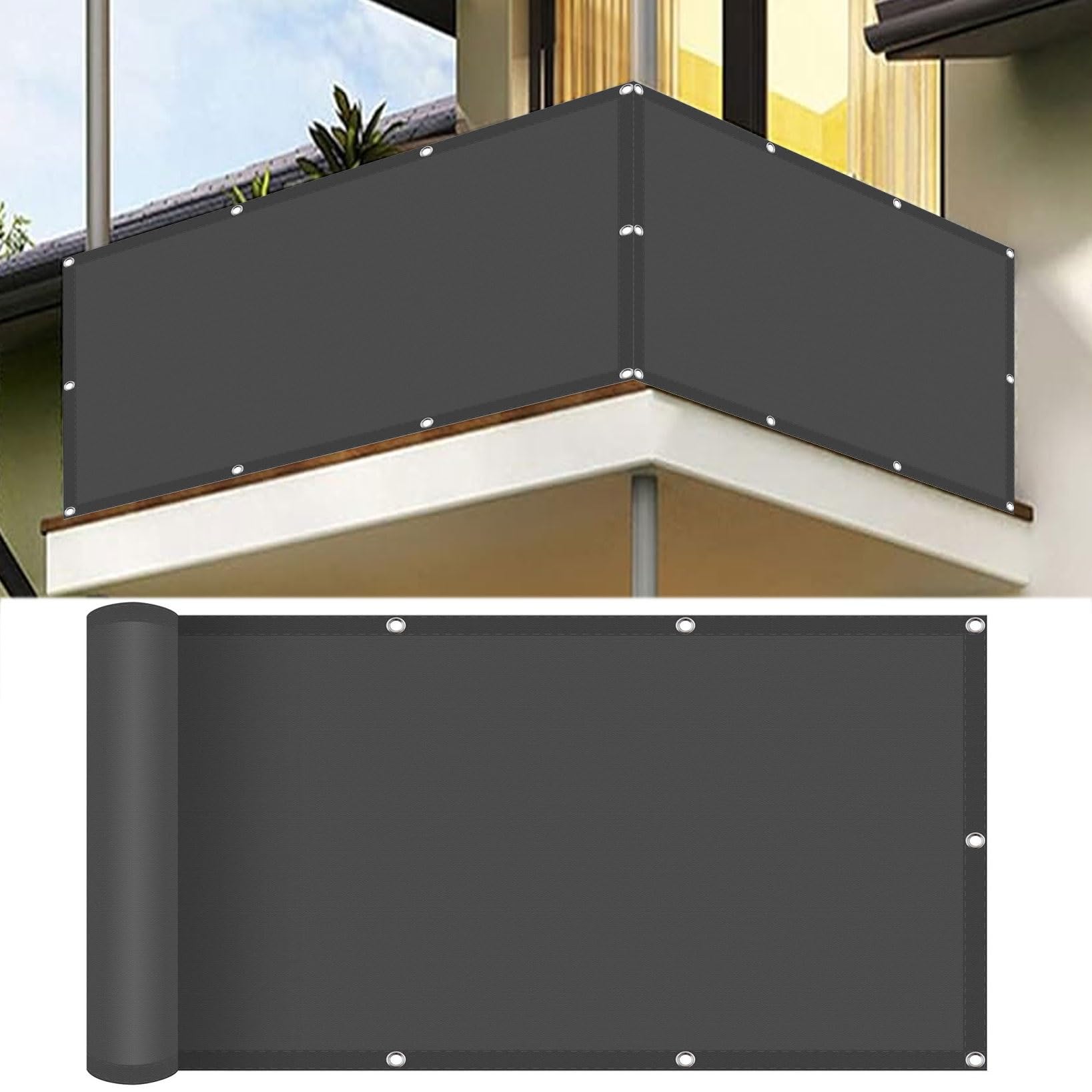 Brise Vue Balcon Imperméable 170 x 500 cm Revêtement et Pare Vue de Balcon Toile de Balcon Brise Vue Jardin avec Oeillets et Cordons, Facile a Poser pour Balcon Jardin Patio Terrasse, Gris Foncé