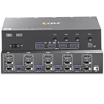 USB 3.0 KVM Switch 3 Monitors 4 Computers Displayport HDMI, Triple Monitor KVM Switch 8K@60Hz 4K@144Hz for 4 PC Share 4 USB Device Mouse Keyboard, Wired Remote8K DP HD 4 in 3 out KVM