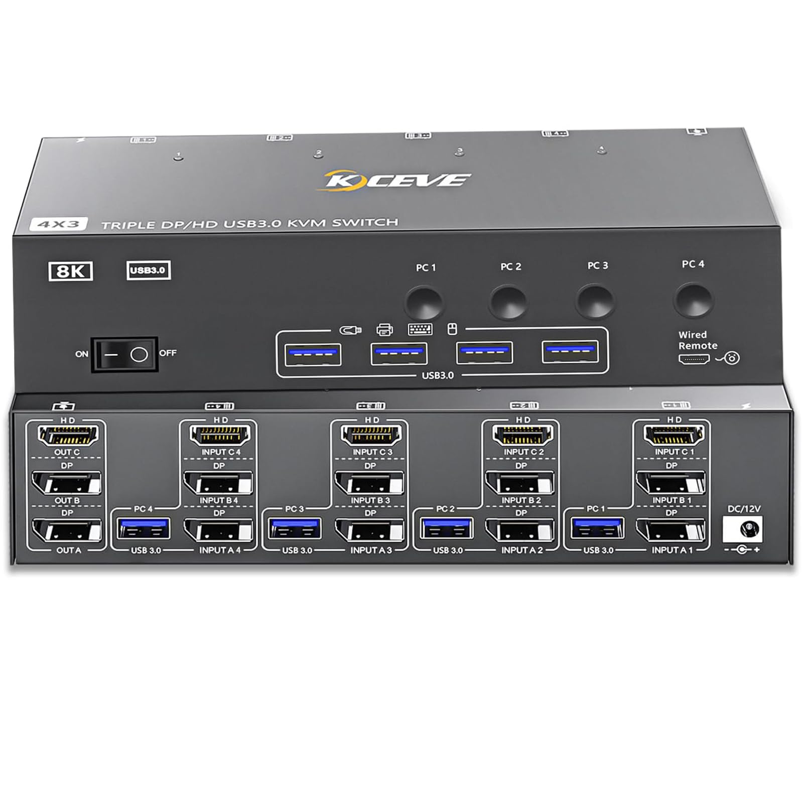 KVM Switch 4 PC 3 Moniteurs 8K@60Hz 4K@144 Hz, USB 3.0 KVM Switch Triple Monitor 2 Displayport + HDMI for 4 PC Partageant Clavier, Souris, Wired Remote(8K DP HD 4 in 3 out KVM)