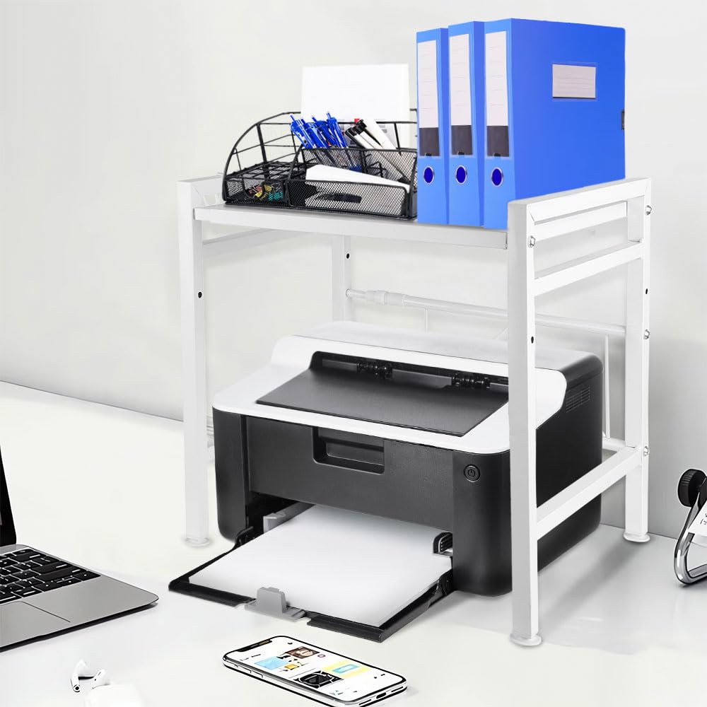 OHMG Mensola da ufficio, altezza regolabile, ripiano da scrivania da appoggio, ripiano portaoggetti in ferro, supporto per display multiuso, supporto per stampante(bianco (40/64 x 36,5 x 45 cm)