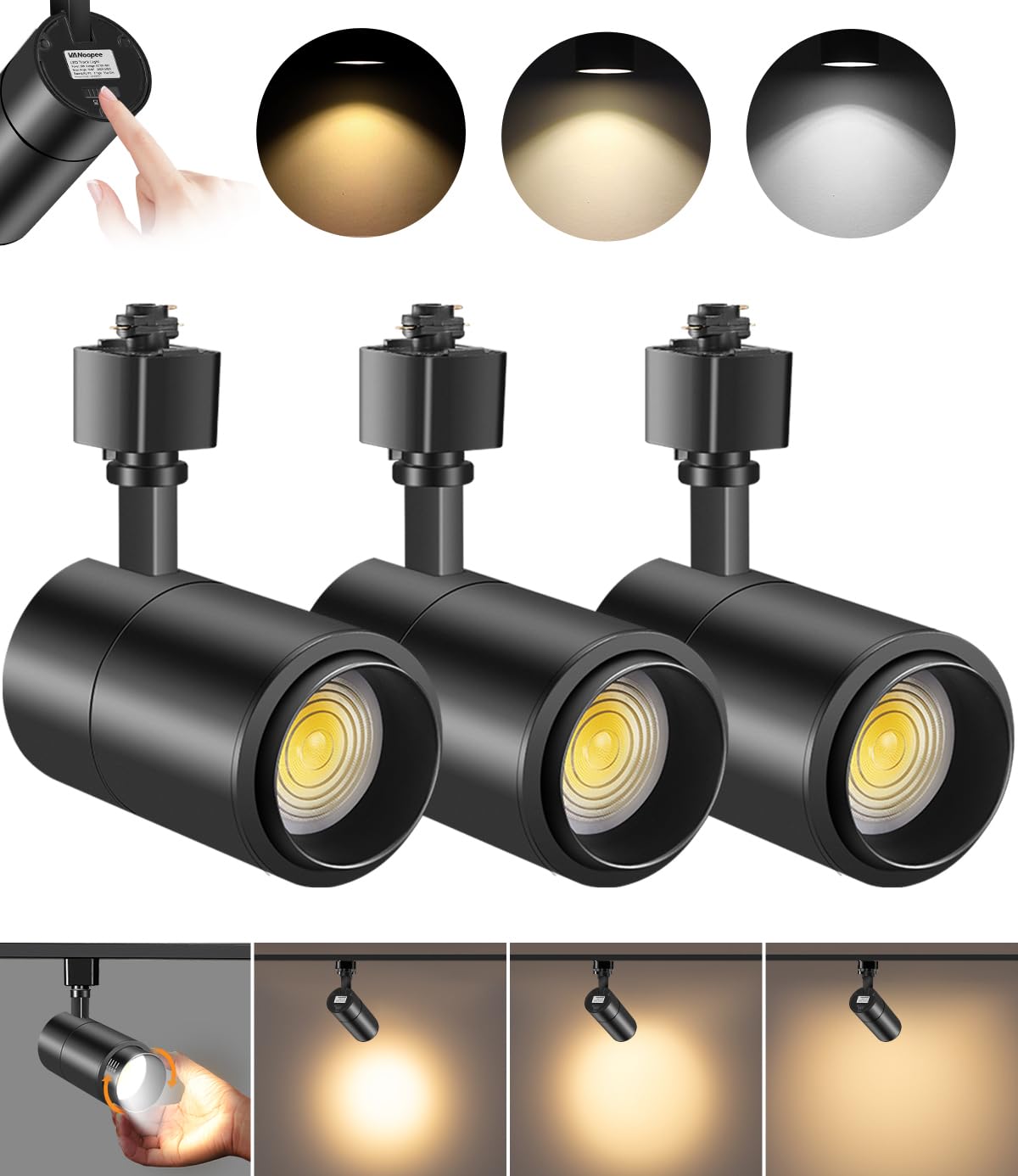 VANoopee 3-Color Zoomable 20W LED Track Lighting Heads H Type, Black 3 Pack