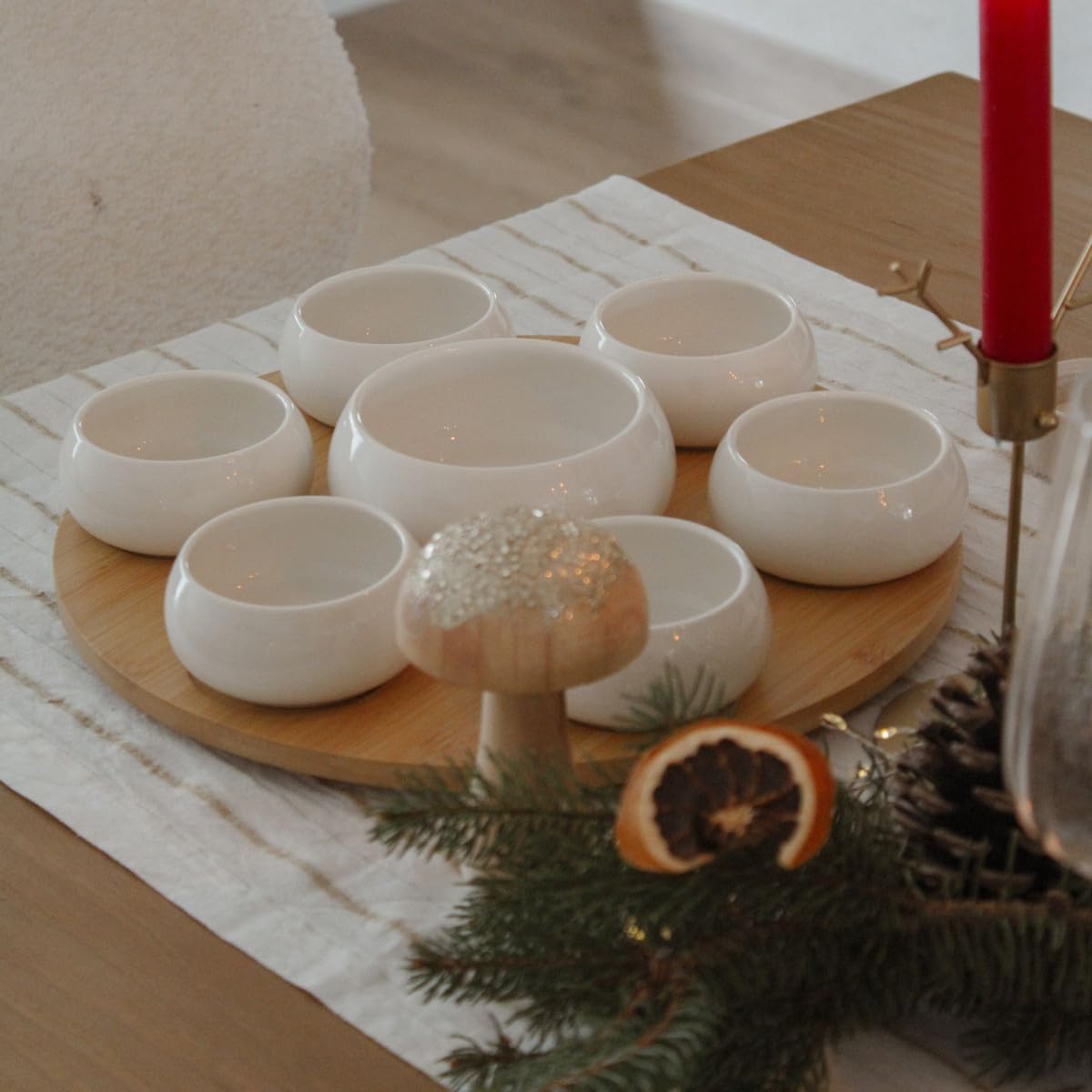 Médard de Noblat - Coupelles et plateau - D7.5 cm - Tapas - Coupelle : Porcelaine. Plateau : Bambou - Vendu à l' unité - Blanc