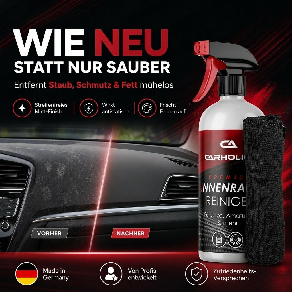 CARHOLICS Auto Innenraum Reiniger Set (500ml) inkl. Mikrofasertuch Made in Germany - Cockpit Reiniger Innenraumreiniger für Kunststoff, Polsterreiniger Cockpitpflege Auto auto reinigungsset innenraum
