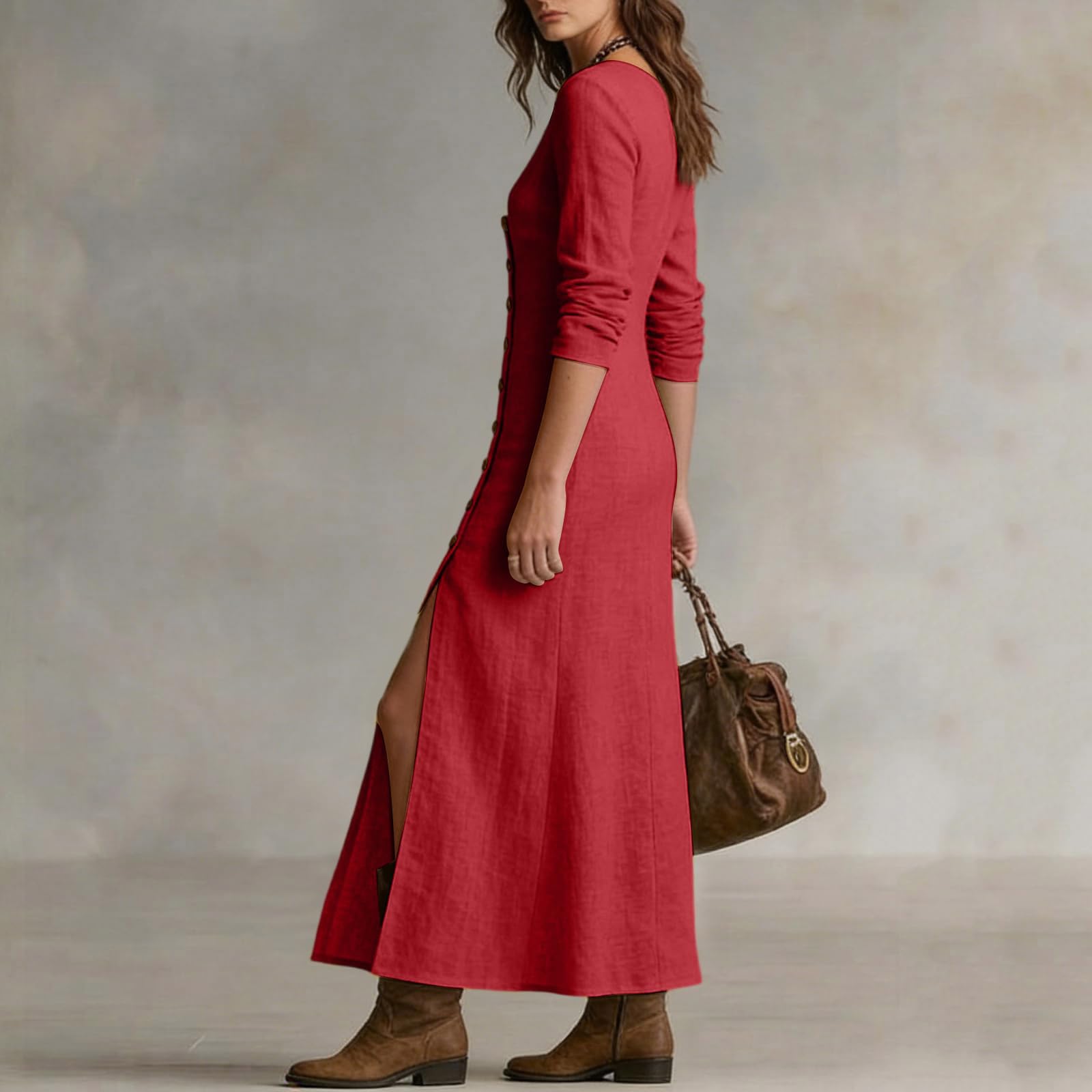 Abito in Lino Donna Abito da Donna in Cotone e Lino con Scollo a V, Bottoni, Maniche Lunghe, Ampio e svolazzante, Perfetto per L'Estate, Stile Boho, con Spacco Laterale, Vestito Estivo Elegante