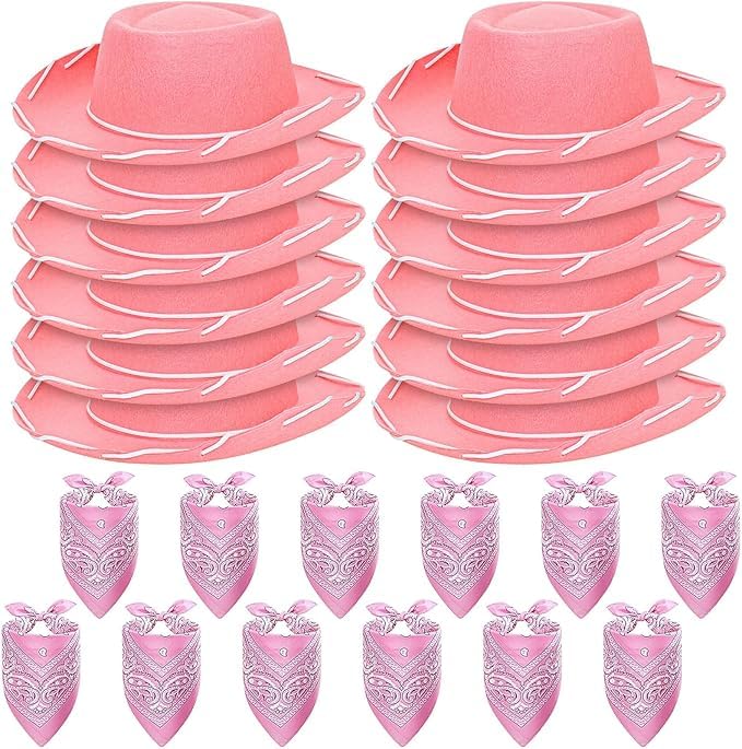 HFZCV 24 Pieces Cowboy Hats and Bandanas for Birthday Western Theme Party Supplies for Western Cowboy Costume Hat Accessories (Pink)