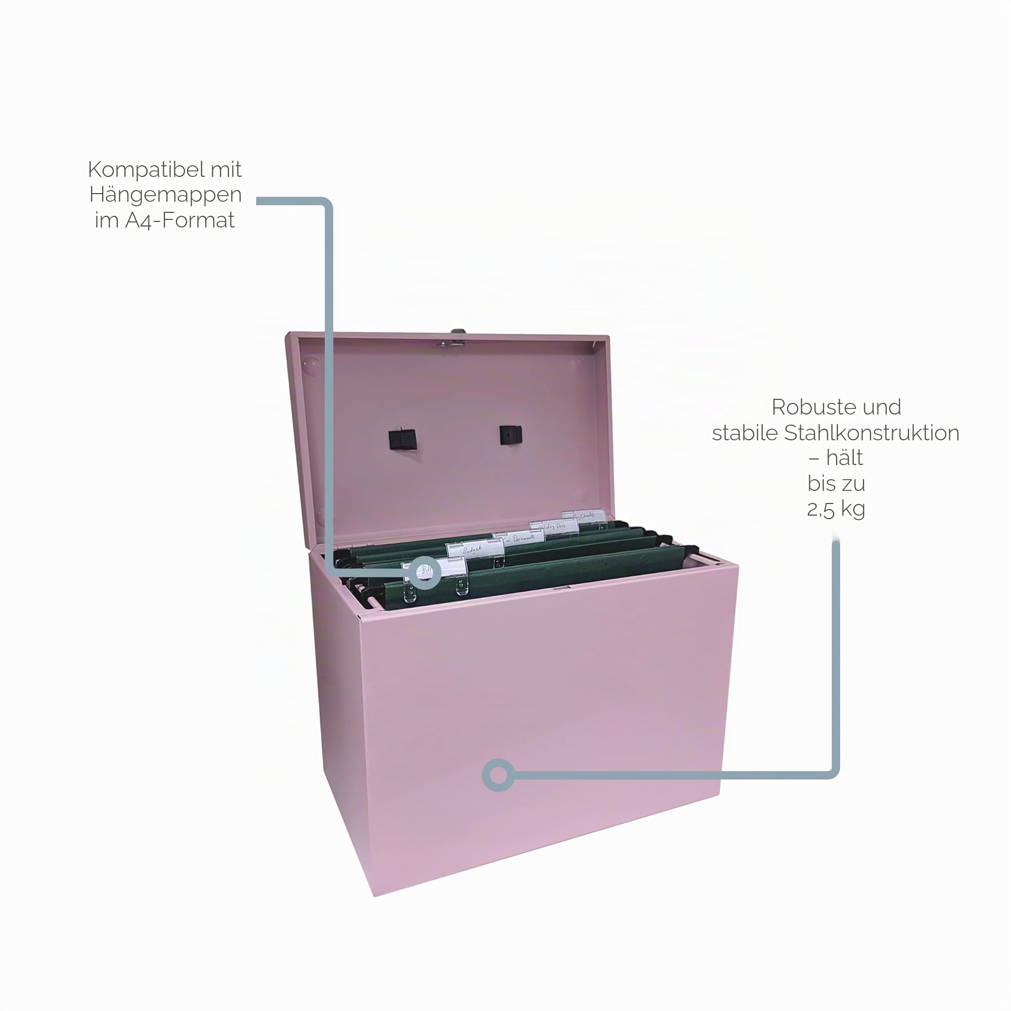 Cathedral Products A4 Stahl Aktenbox mit Starter Pack mit 5 Hängemappen – Pastellrosa
