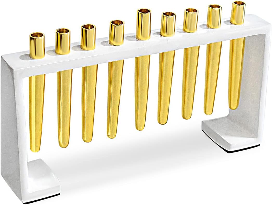 Zion Judaica Artistic Flutes Hanukkah Menorah Modern White Enamel Menorah Shiny Brass Gold Candle Cups Hanukkiqh fits Standard Chanukah Candles Beautiful Canukiah
