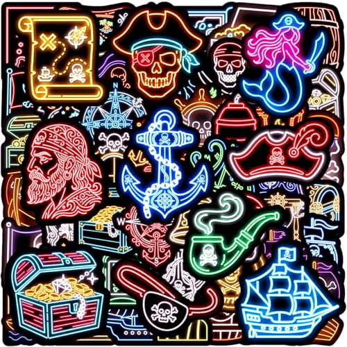 100pcs Neon Pirate Waterproof Vinyl Stickers - Cool Pirate Decor & Party Favors for Goodie Bag Water Bottle Classroom Prizes