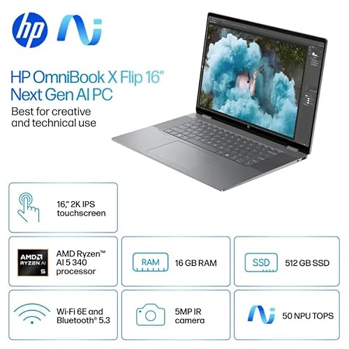 OmniBook X Flip Copilot+ PC Laptop Computer, 2-in-1 16" FHD Touchscreen Laptop, AMD Ryzen AI 5, 16GB RAM, 512GB SSD, Backlit Keyboard, WiFi 6 + BT, PDG HDMI Cable, US Version KB, Windows 11 - Notebook - Immagine 4