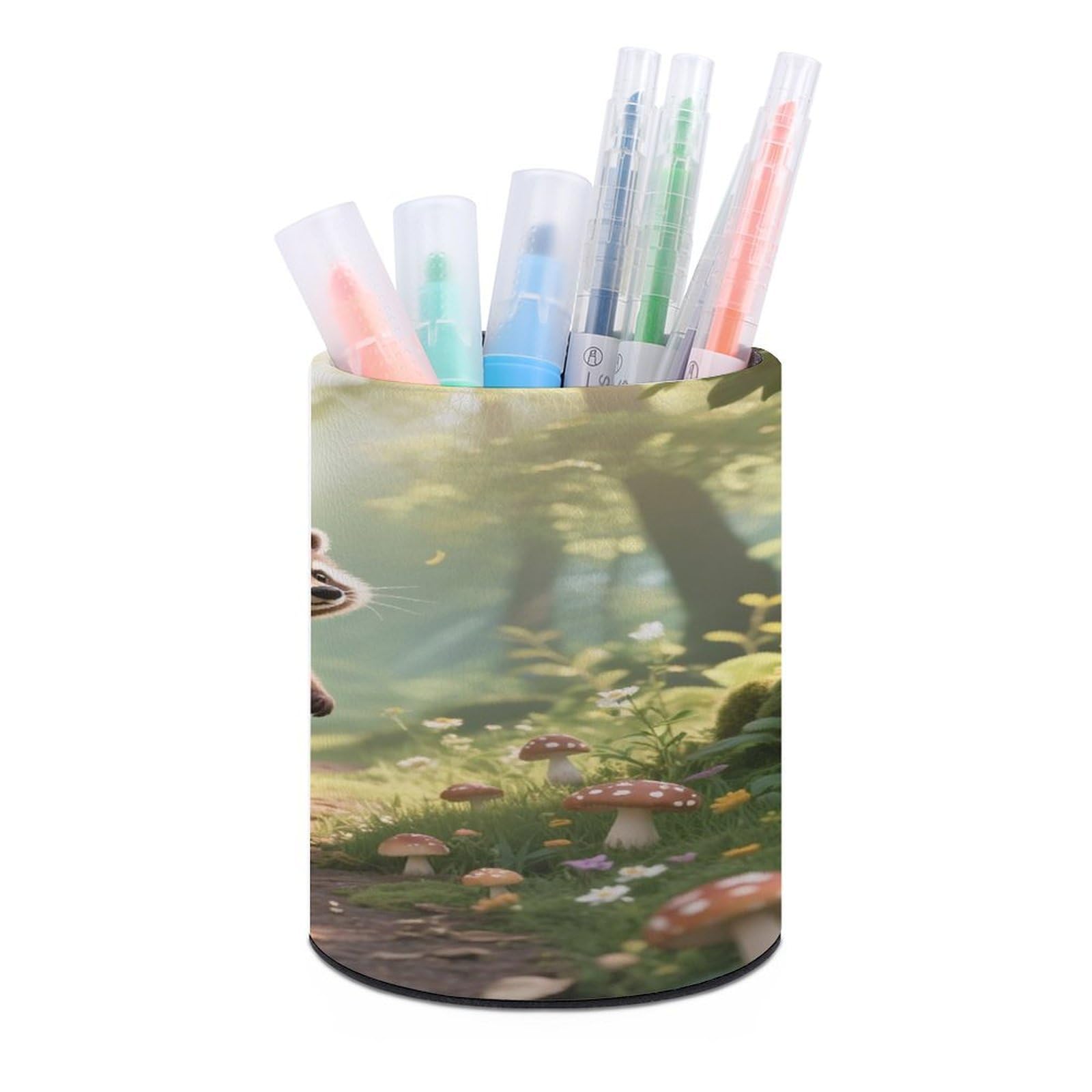 VstaDank - Woodland Raccoon Round Pencil Holder PU Leather Desk Organizer Stand for Desk Decor Desk Office Home Desk