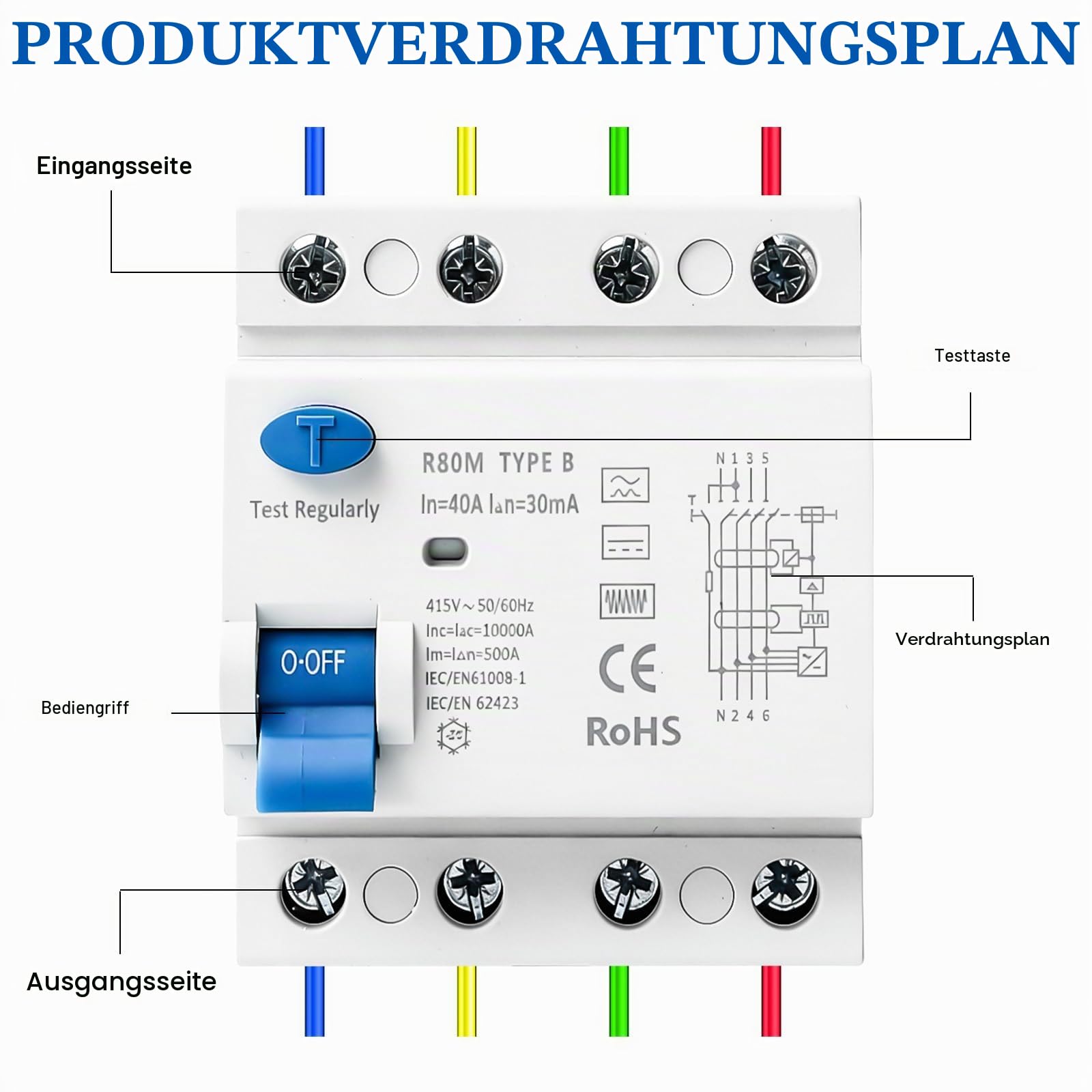 Fi Schutzschalter Typ B 40A 30mA 4P, Fi Typ B, Fi-Schalter 4 Polig RCD Fehlerstromschutzschalter TypB Schalter Allstromintensiv DIN Hutschiene für Sicherungsautomaten Wallboxen Ladestationen