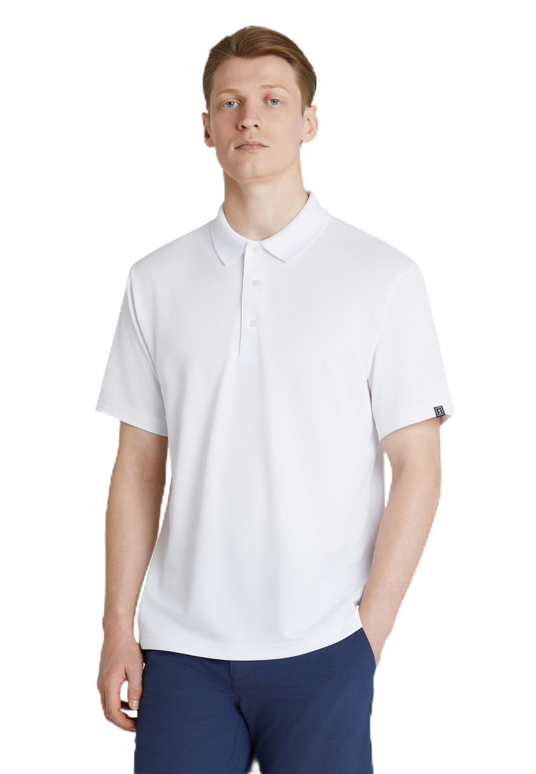 PGA TOUR - Men's Golf Polo Shirt, Airflux Solid Mesh Polo, Breathable, Short Sleeve, Natural Stretch, Regular Fit, White, L