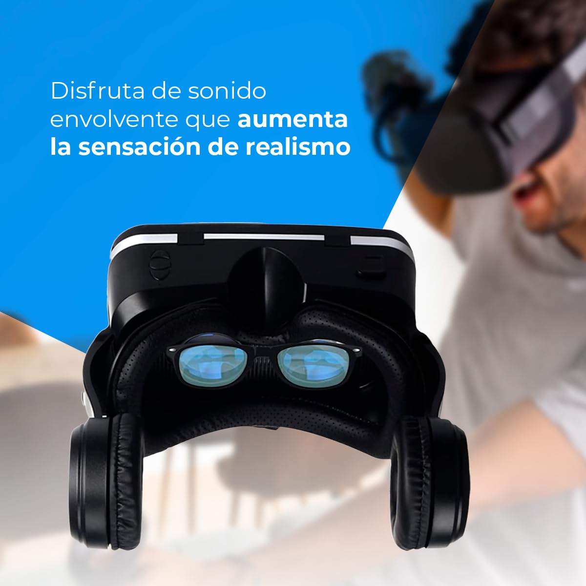 NK Gafas Inteligentes VR con Auriculares - Realidad Virtual 3D con Audio para Smartphone Entre 4.7" - 6.53", Ángulo Visión 90-100º, Giro 360º, Objetivo y Pupila Regulable - Negro