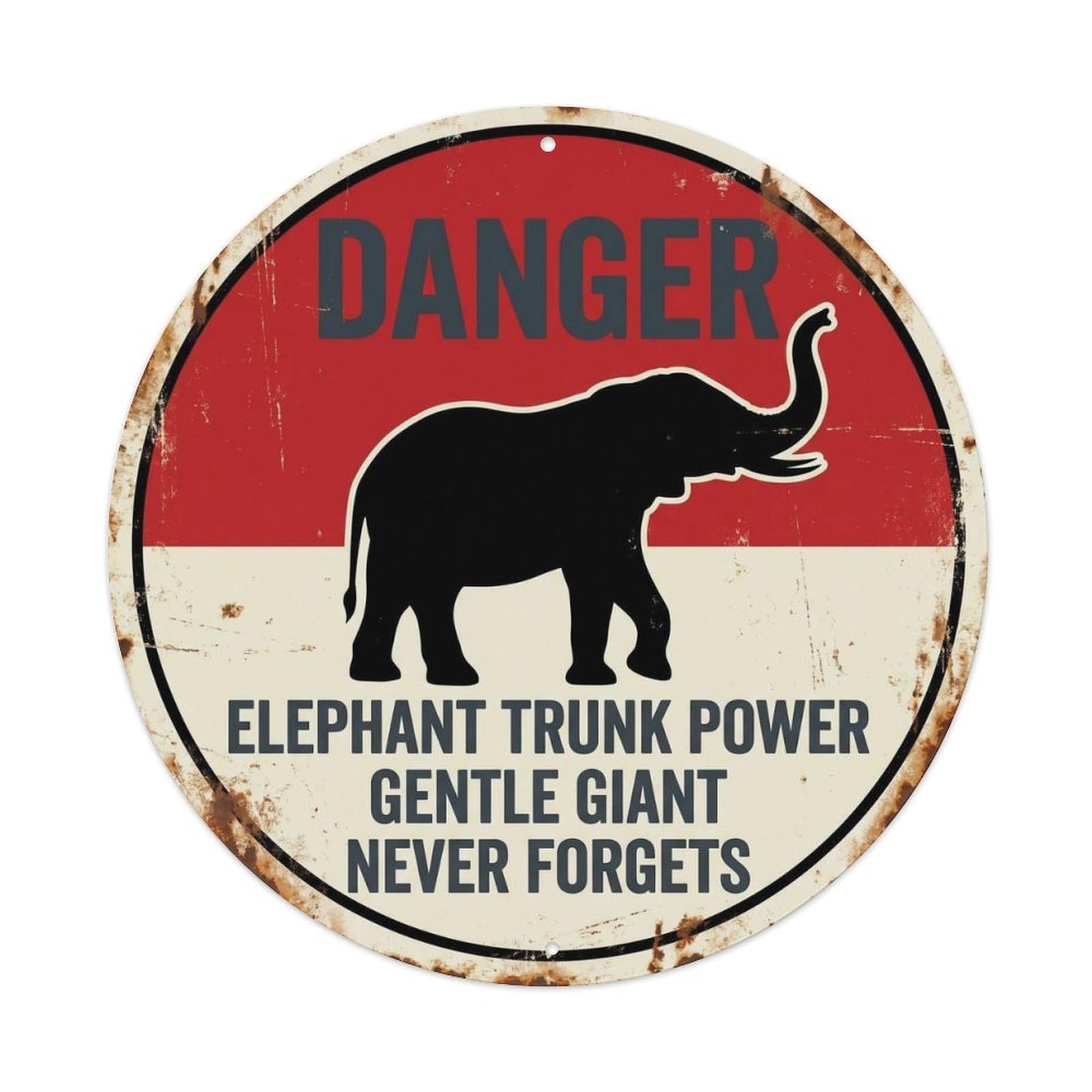Hazard Warning Elephant Trunk Power Bold Wildlife Vintage Metal Tin Sign Plaque Wall Decor for Cafe, Man Cave, Club Bar, Office, Home Garden Round Metal Poster 8x8Inch