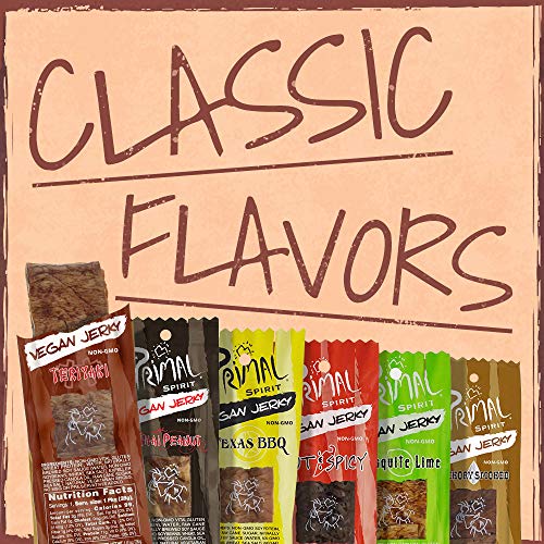 Primal Spirit Vegan Jerky - Seitan Power Pack, 10 g. Plant Based Protein, Certified Non-GMO, No Preservatives ("The Classics" Teriyaki, Thai Peanut, and Mesquite Lime, 24-Pack, 1 oz)