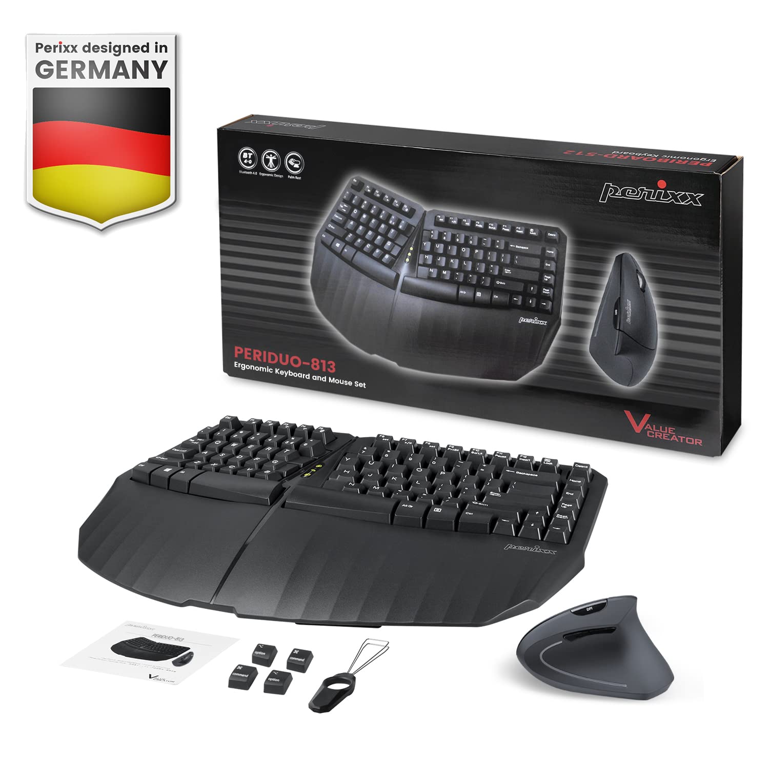 Perixx PERIDUO-813B US, bezprzewodowa, ergonomiczna, kompaktowa klawiatura i mysz pionowa, zestaw z 6-przyciskową ergonomiczną myszką pionową - czarna - angielski USA
